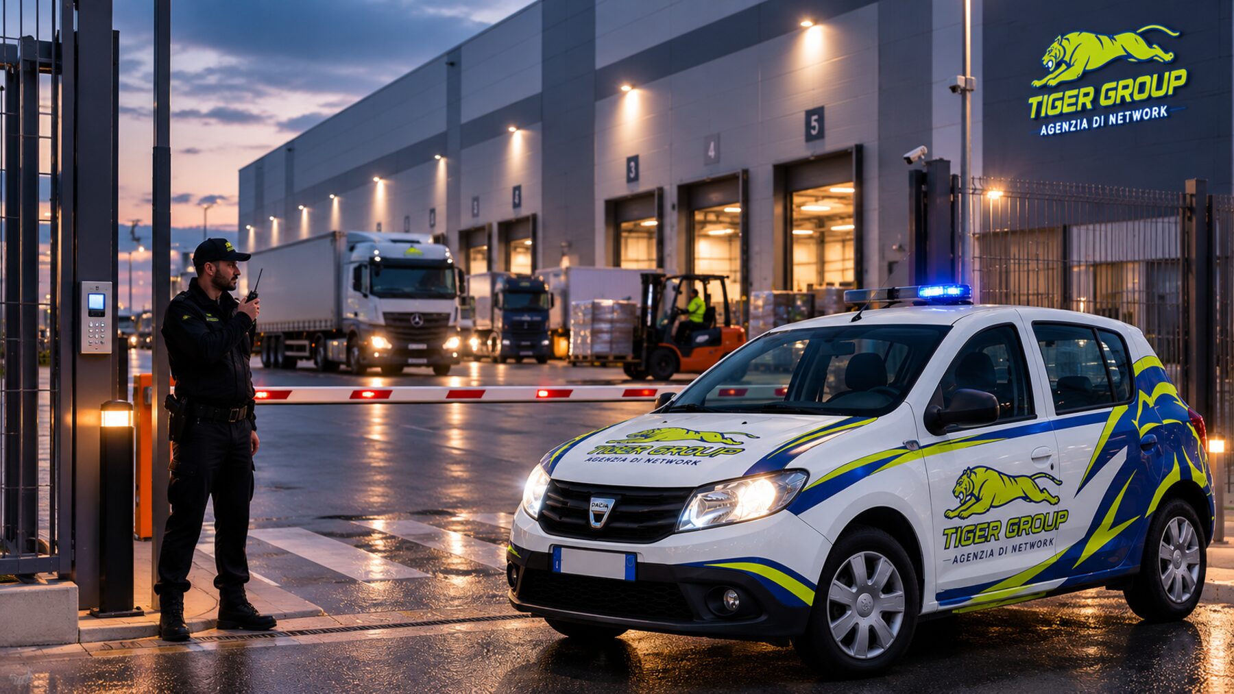Operatore e auto Tiger Group al varco di un centro logistico