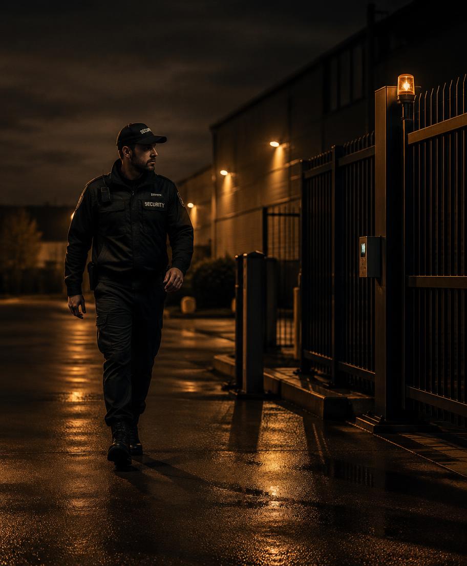 Operatore di sicurezza durante un presidio notturno presso un varco aziendale