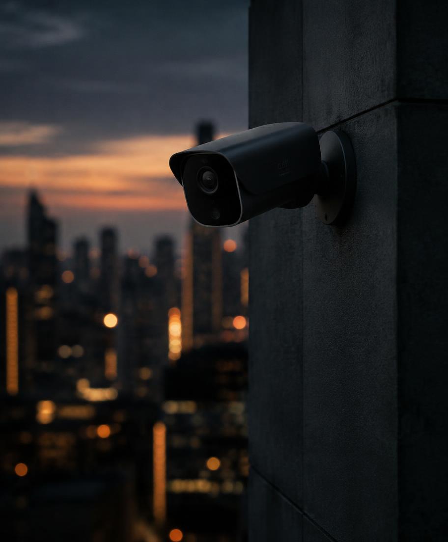 Telecamera di videosorveglianza installata su un edificio di sera