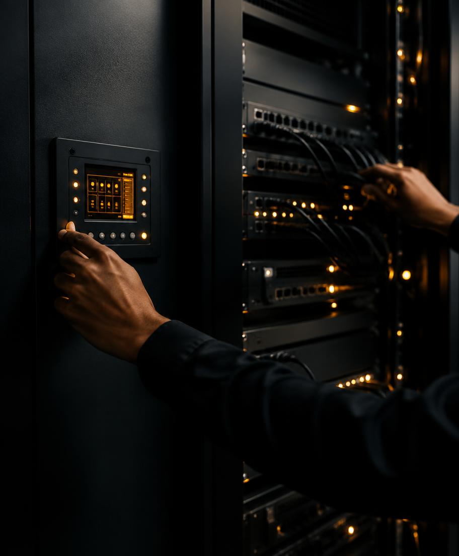 Tecnico al lavoro su un pannello di controllo per impianti di sicurezza